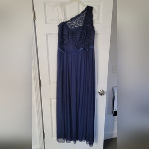 One-Shoulder Navy Lace and Tulle A-Line Maxi Dress